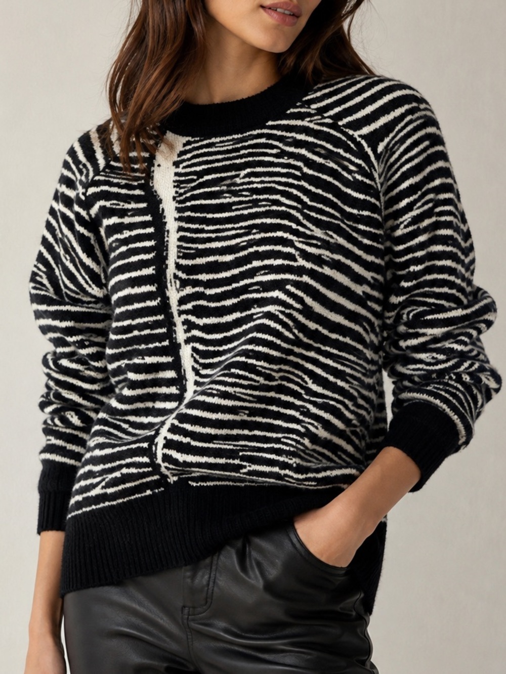 A.L.C. Cayero Zebra Print 100% Wool Sweater Large Black Ivory